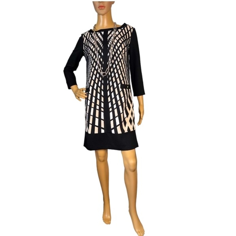 Black beige printed shirt dress three quarter sleeve sheath
